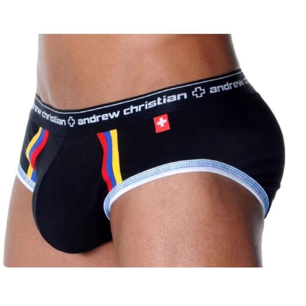 Andrew Christian Vintage Briefs Black w Racing Stripes Large LIKE NEW